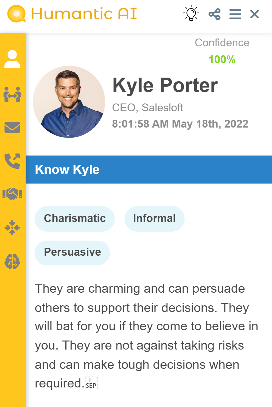 Kyle Porter, CEO of SalesLoft, personality insights on Humantic AI