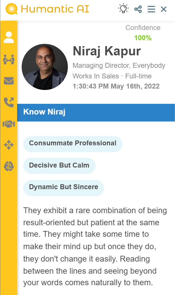 Sales Leader Niraj Kapur's Personality Insights on Humantic AI chrome extension