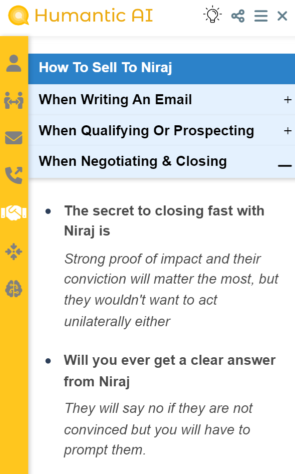 Things to keep in mind when closing a deal with Niraj, Sales Leader. Courtesy Humantic AI.