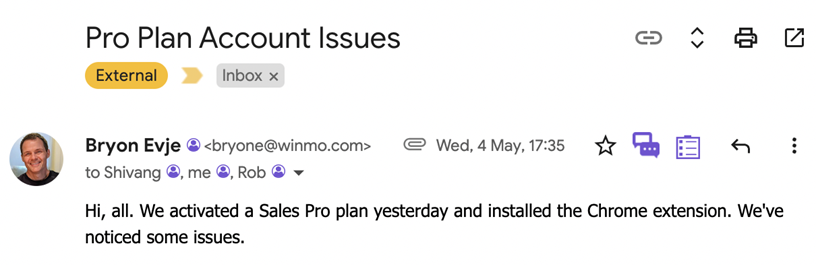 Winmo COO Bryon's email about account issues with Humantic AI