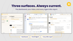 Humantic AI Signals delivered across three surfaces: the Centralized Signals Dashboard, a Gmail email digest sent every Monday Wednesday and Friday, and a dedicated Signals tab inside every Agent Miia account intelligence report