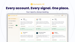 Humantic AI Signals dashboard showing real-time account signals across Apple, Google, HubSpot, and other target accounts, with Hiring Feed and Signals On indicators for each account